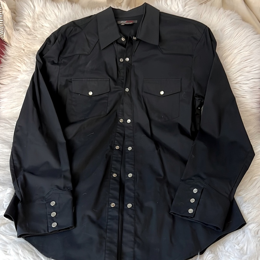 Black button-down long sleeve top with pearl buttons
